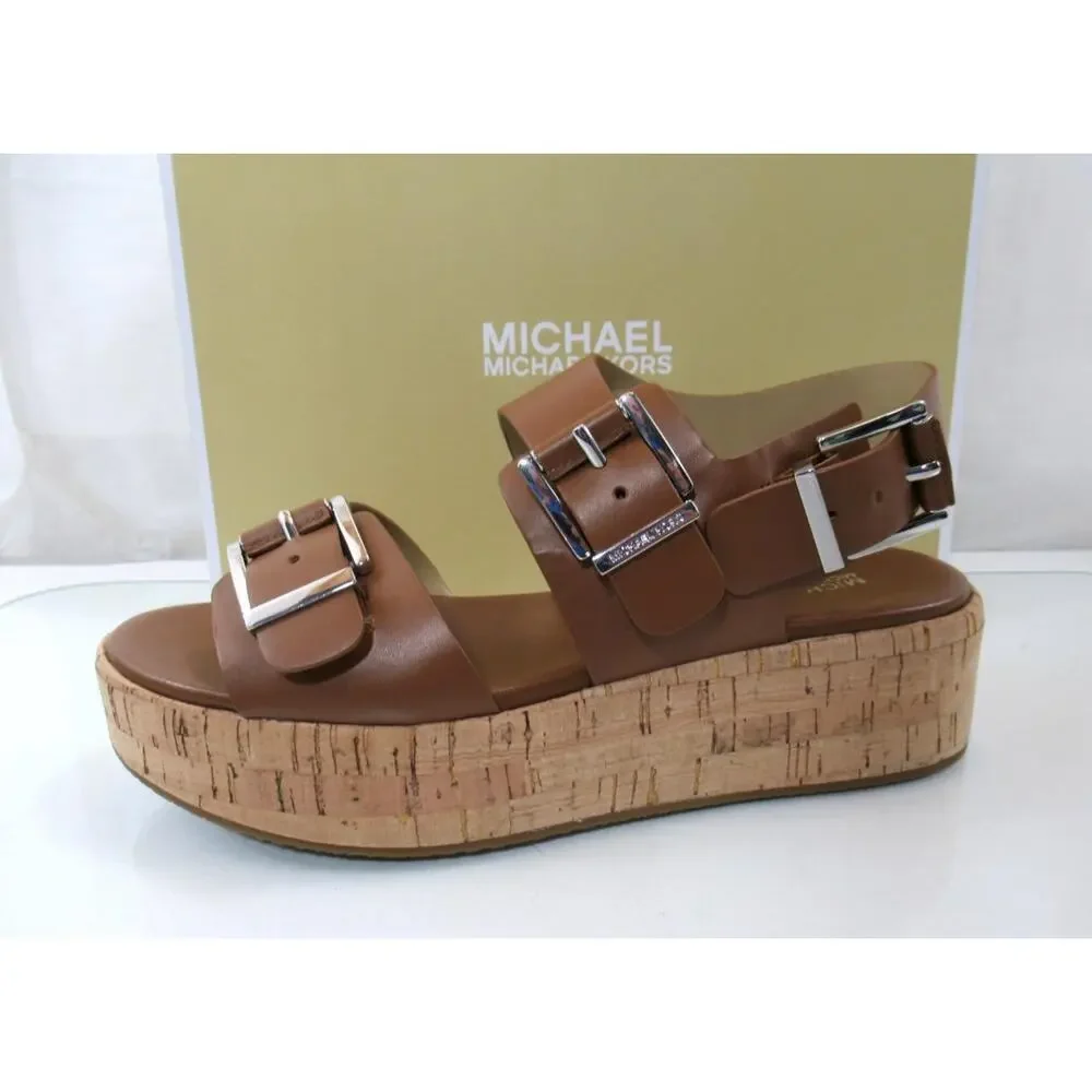 Michael Kors Colby Flatform Wedge Sandal Leather Luggage Light Brown